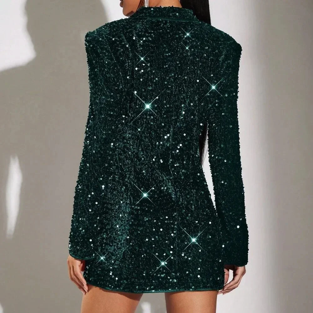 Dark Green Party Women's Stand Collar Sequin Embellished Long Sleeve Blazer - Picture 2 of 6
